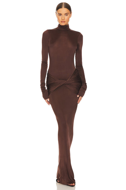 brown long sleeve bodycon maxi dress