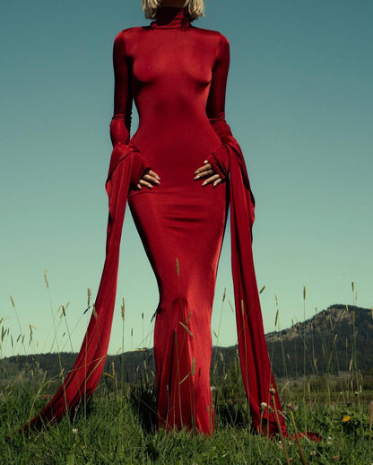 red long sleeve bodycon maxi dress