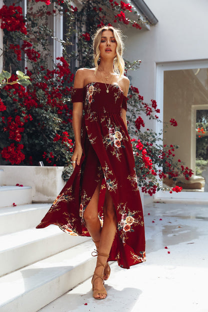 burgundy off the shoulder floral dress